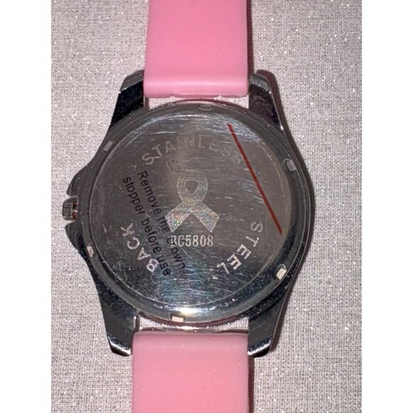 Pink Ribbon Breast Cancer Awareness Watch Rhinestone Bezel & Pink Silicone Strap - Picture 2 of 4